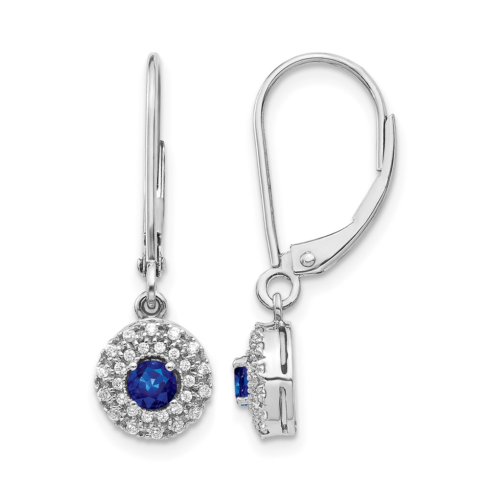 EM5605-SA-020-WA-1.jpg 14k White Gold Diamond Halo and Sapphire Leverback Dangle Earrings - Image 1