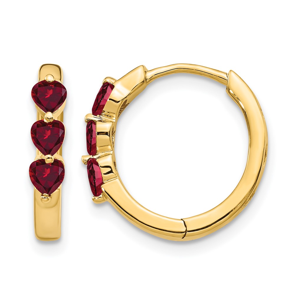 EM5606-CRU-1Y.jpg 10k 3 Stone Created Ruby Polished Hinged Hoop Earrings - Image 1