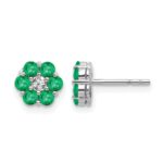 14k White Gold Polished Emerald and Diamond Floral Post Earrings
