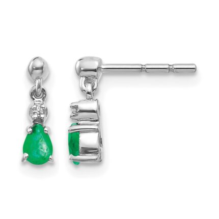 14k White Gold 4x3mm Pear Emerald and Diamond Dangle Post Earrings