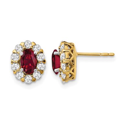 14k 3/4 carat Lab Grown Diamond VS/SI+ G+ and Oval Created Ruby Complete Halo Post Earrings