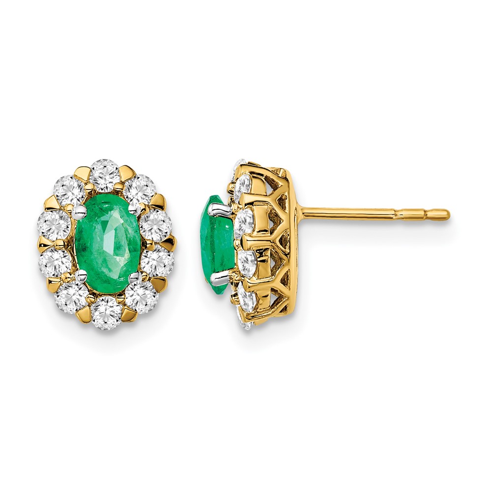 EM6990-EM-070-YA.jpg 14k 5/8 carat Lab Grown Diamond VS/SI+ G+ and Oval Created Emerald Complete Halo Post Earrings - Image 1