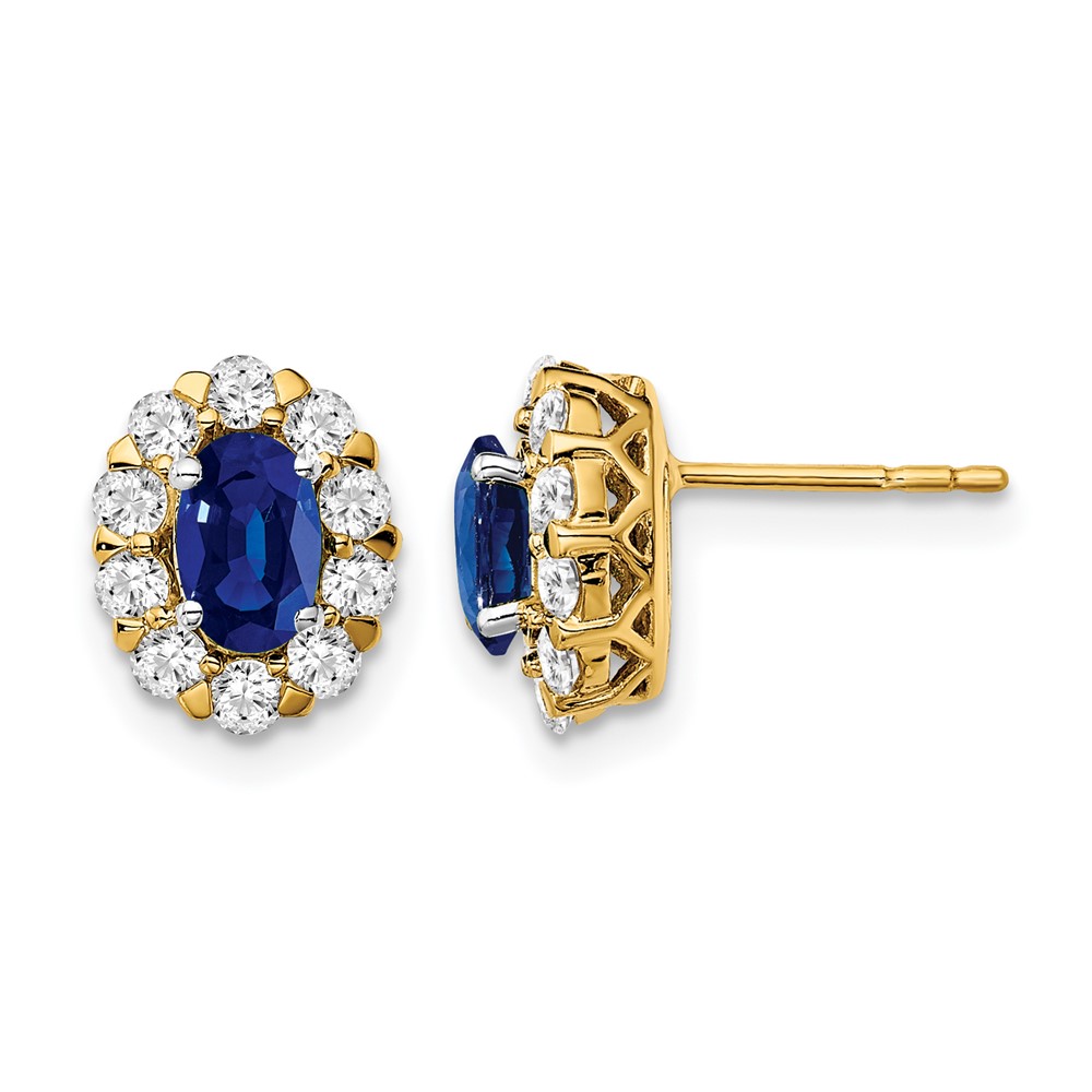 EM6990-SA-070-YA-1.jpg 14k 6x4mm Oval Sapphire and 3/4 carat Diamond Halo Post Earrings - Image 1