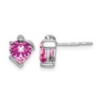 14k White Gold 6mm Heart Lab Created Pink Sapphire and Diamond Post Earrings
