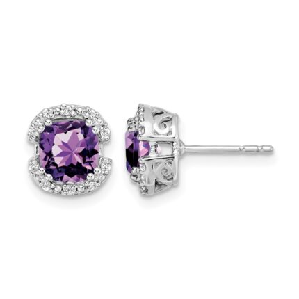 14k White Gold Cushion Amethyst and Diamond Halo Earrings