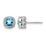 14k White Gold Cushion Blue Topaz and Diamond Earrings