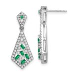 14k White Gold Baguette Emerald and Diamond Kite Dangle Post Earrings