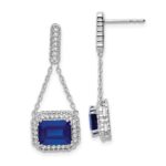 14k White Gold 8x6mm Emerald-cut Lab Created Sapphire and Diamond Chain Dangle Post Earrings