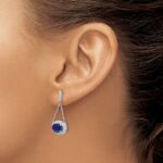 14k White Gold 8x6mm Oval Lab Created Sapphire and Diamond Chain Dangle Post Earrings - Image 3