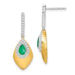 14k Two-tone 5x3mm Pear Emerald and Diamond Dangle Post Earrings