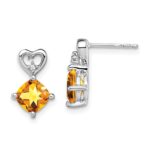 14k White Gold 6mm Cushion November/Citrine and Diamond Heart Post Earrings