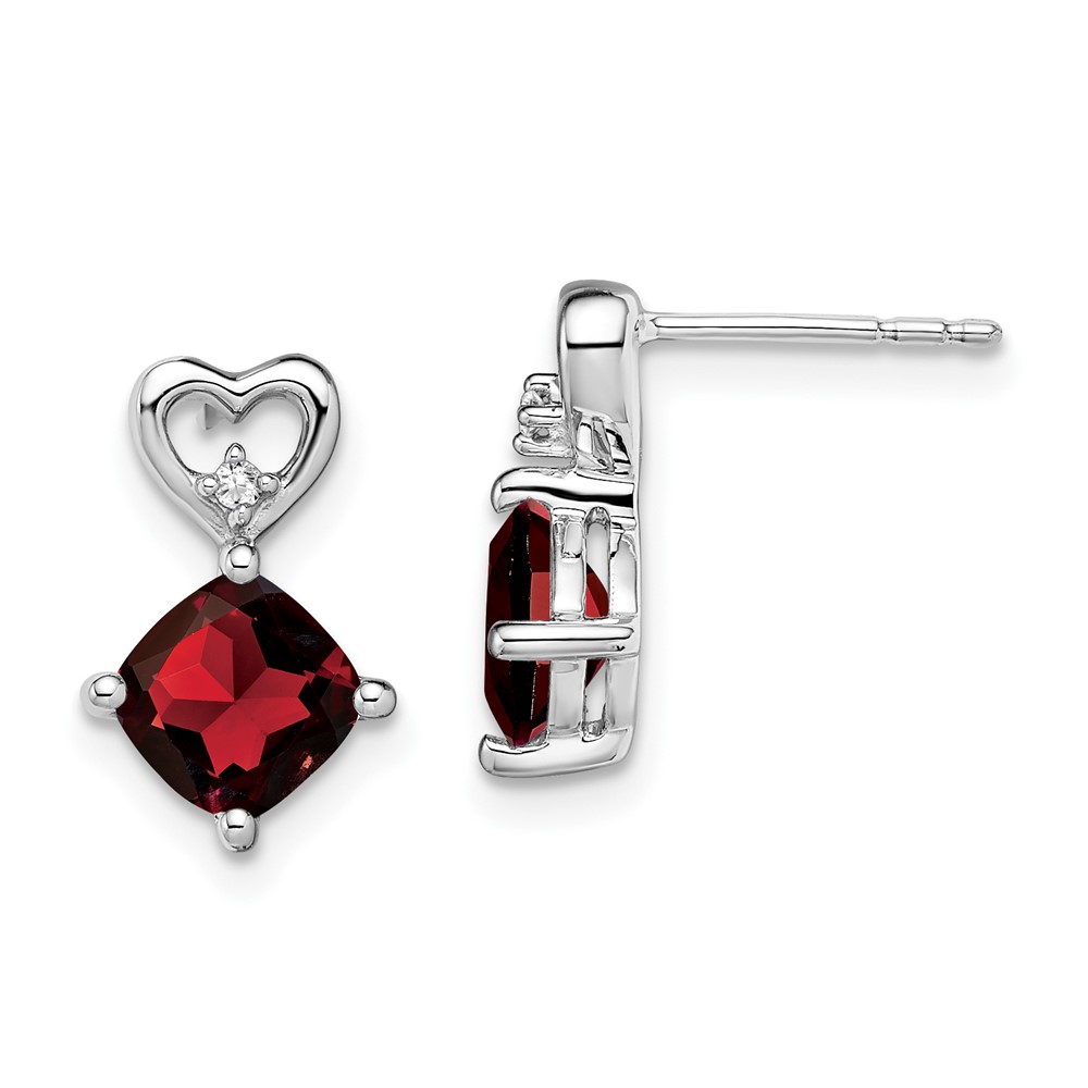 EM7399-GA-002-WA.jpg 14k White Gold 6mm Cushion January/Garnet and Diamond Heart Post Earrings - Image 1