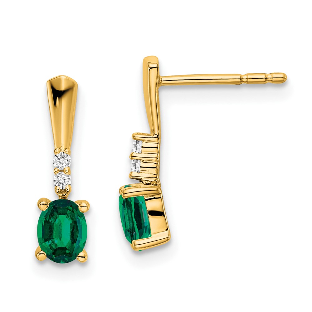EM7407-CEM-004-YA.jpg 14K 5x3 Oval May/Lab Created Emerald and Diamond Dangle Post Earrings - Image 1