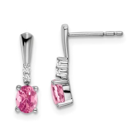 14k White Gold 5x3 Oval October/Pink Tourmaline and Diamond Dangle Post Earrings