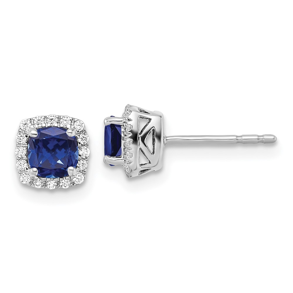 EM8582-CSA-010-WAA-1.jpg 14k White Gold 1/10 carat Lab Grown Diamond VS/SI+ G+ and Created Sapphire Complete Square Halo Post Earrings - Image 1
