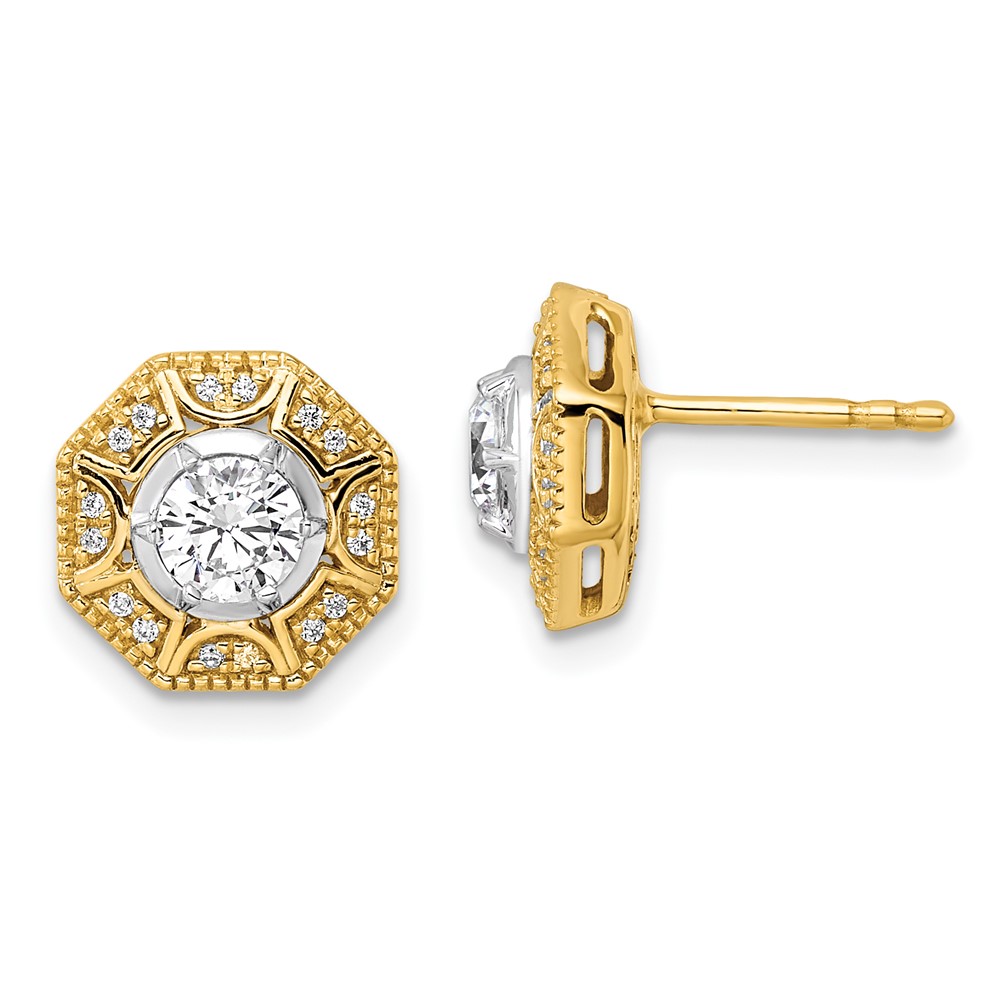 EM9665-075-YWAA.jpg 14k Two Tone 3/4 carat Lab Grown Diamond VS/SI+ G+ Octogon Halo Post Earrings - Image 1