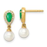 14K White Round Freshwater Cultured Pearl/.09 carat Diamond/Pear Emerald Dangle Post Earrings