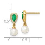 14K White Round Freshwater Cultured Pearl/.09 carat Diamond/Pear Emerald Dangle Post Earrings - Image 3