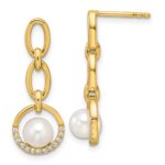 14K Polished 1/10 carat Diamond and White Freshwater Cultured Pearl Open Circle Dangle Post Earrings