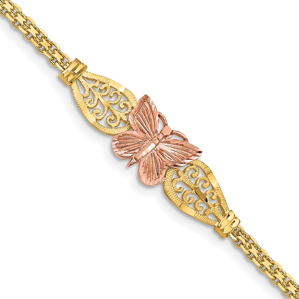 FB1525-7.jpg 14K Two-tone Polished Diamond-cut Butterfly with Filigree and Bismark Chain 7 inch Bracelet - Image 1