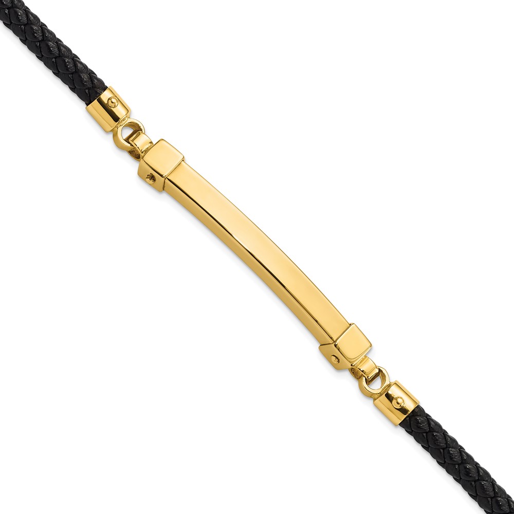 FB1940-8.jpg 14K Polished 4mm Bar Braided Black Leather 8 inch Bracelet - Image 1