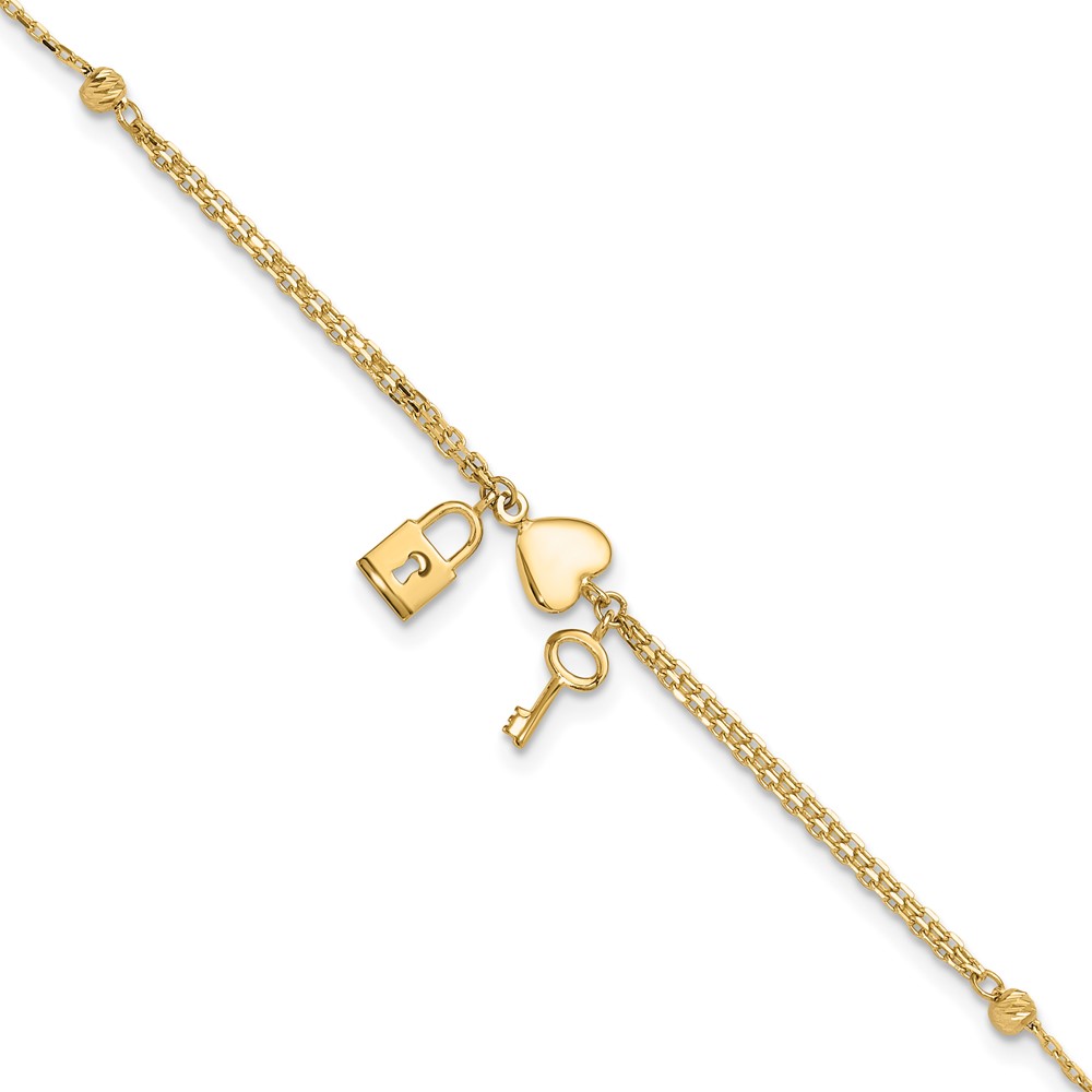 FB1979-7.jpg 14K Polished and Diamond-cut Heart Lock and Key 7 inch Bracelet Plus 0.5 inch Extender - Image 1