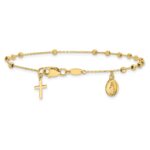 14K Polished and Diamond-cut Miraculous Medal and Cross 7.5 inch Rosary Bracelet - Image 3
