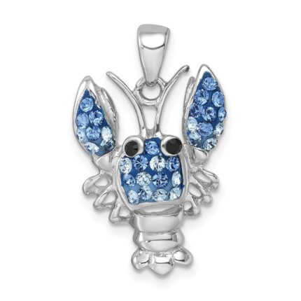 Sterling Silver Rhodium-plated Polished Blue Crystal Lobster Pendant
