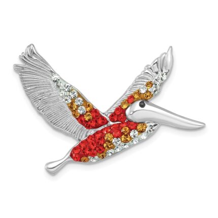 Sterling Silver Rhodium-plated Polished Orange Crystal Pelican Pendant