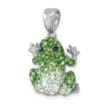Sterling Silver Rhodium-plated Polished Green and White Crystal Frog Pendant - Image 4