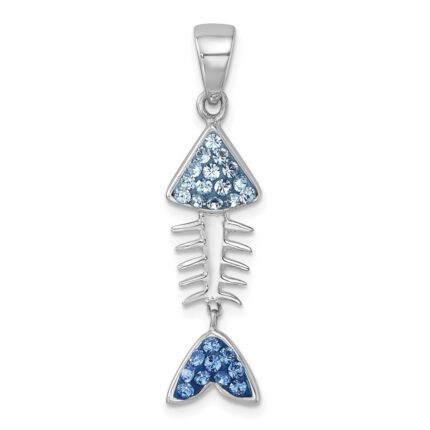 Sterling Silver Rhodium-plated Polished Moveable Blue Crystal Bonefish Pendant