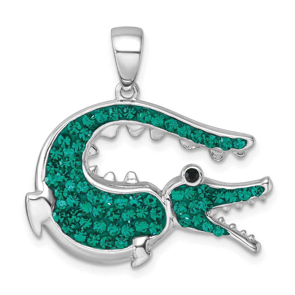 IP-215G.jpg Sterling Silver Rhodium-plated Polished Green Crystal Alligator Pendant - Image 1