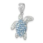 Sterling Silver Rhodium-plated Polished Blue and White Crystal Turtle Pendant - Image 4