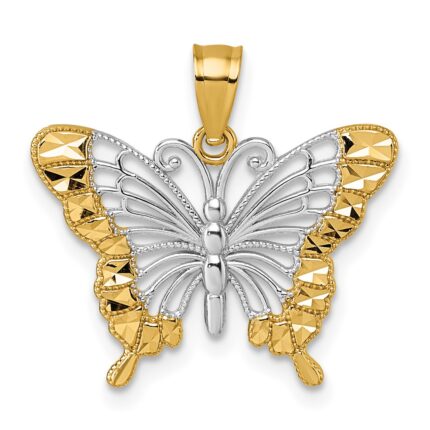 14k and Rhodium Diamond-cut Polished Cut-out Butterfly Pendant