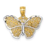 14k Polished with Rhodium Diamond-cut Filigree Butterfly Pendant