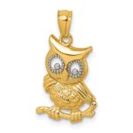 14k and White Rhodium Polished and Textured Owl Pendant