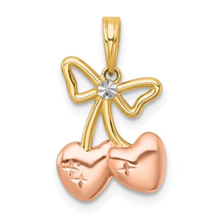 14k with White Rhodium and Rose-plating Polished Heart Cherries Charm