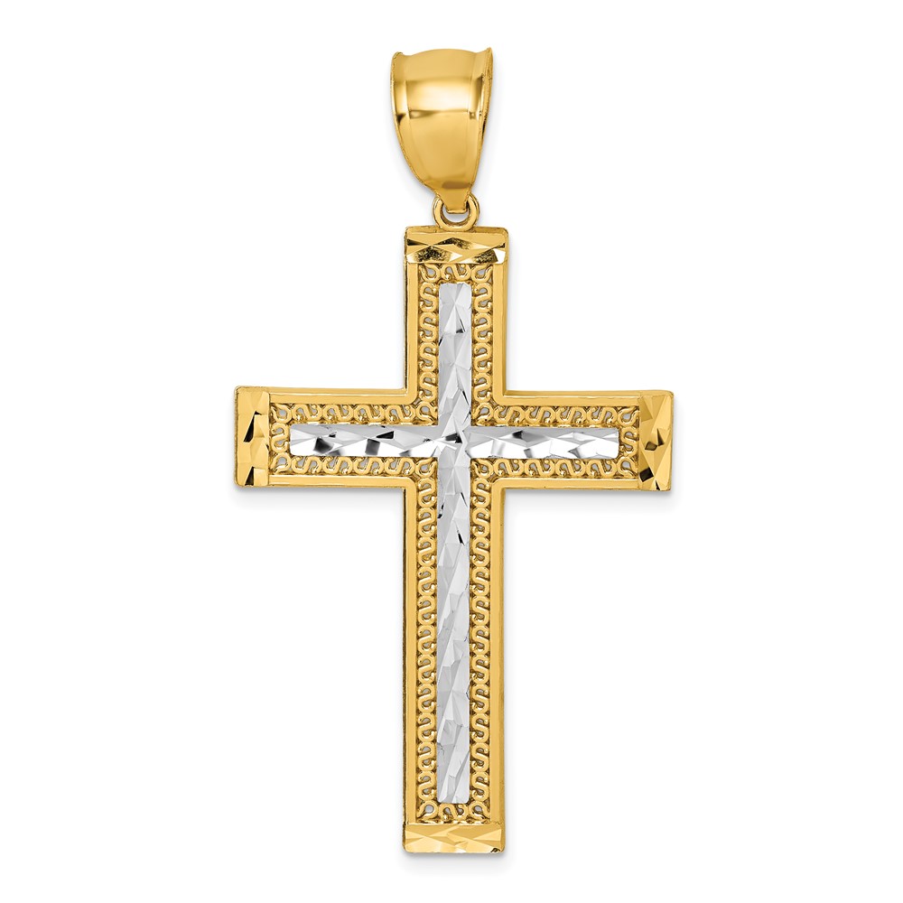 K10077.jpg 14k and White Rhodium Polished Diamond-cut Textured Fancy Latin Cross Pendant - Image 1