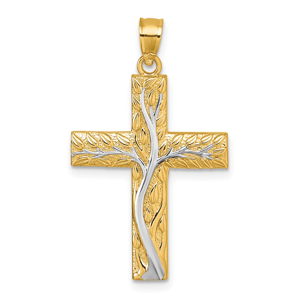 K10082.jpg 14k and Rhodium Polished Floral Tree with Leaves Hollow Back Cross Pendant - Image 1
