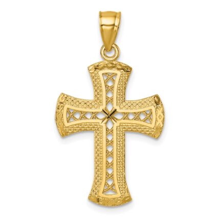 14k Polished Diamond-cut Textured Fancy Pierced Lattice Design Cross Pendant