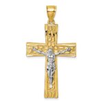 14k and White Rhodium Polished Diamond-cut Nugget Crucifix Pendant