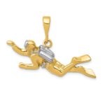 14K and White Rhodium Polished Open-Backed Scuba Diver Pendant
