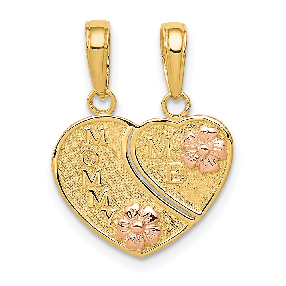 K1713.jpg 14k Two-tone with Flowers MOMMY-ME 2-Piece Break-apart Heart Pendant - Image 1