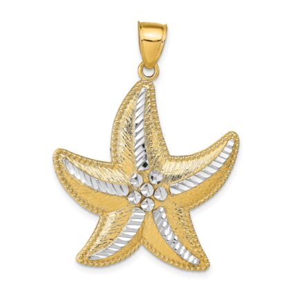 14K and White Rhodium Large Diamond-Cut Textured Starfish Pendant