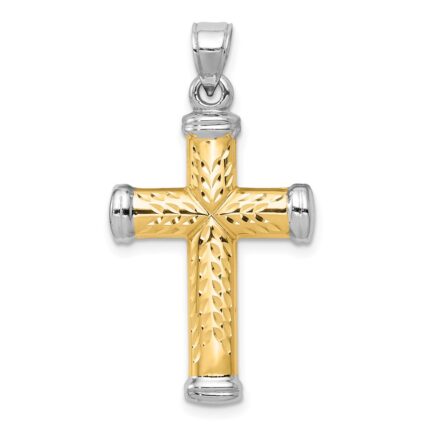14K Two-Tone and White Rhodium Diamond-cut Reversible Cross Pendant