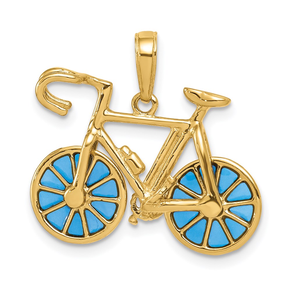 K4143.jpg 14K 3-D Blue Enameled Bicycle with Moveable Wheels Pendant - Image 1