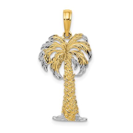 14K and White Rhodium Polished And Textured Palm Tree Pendant