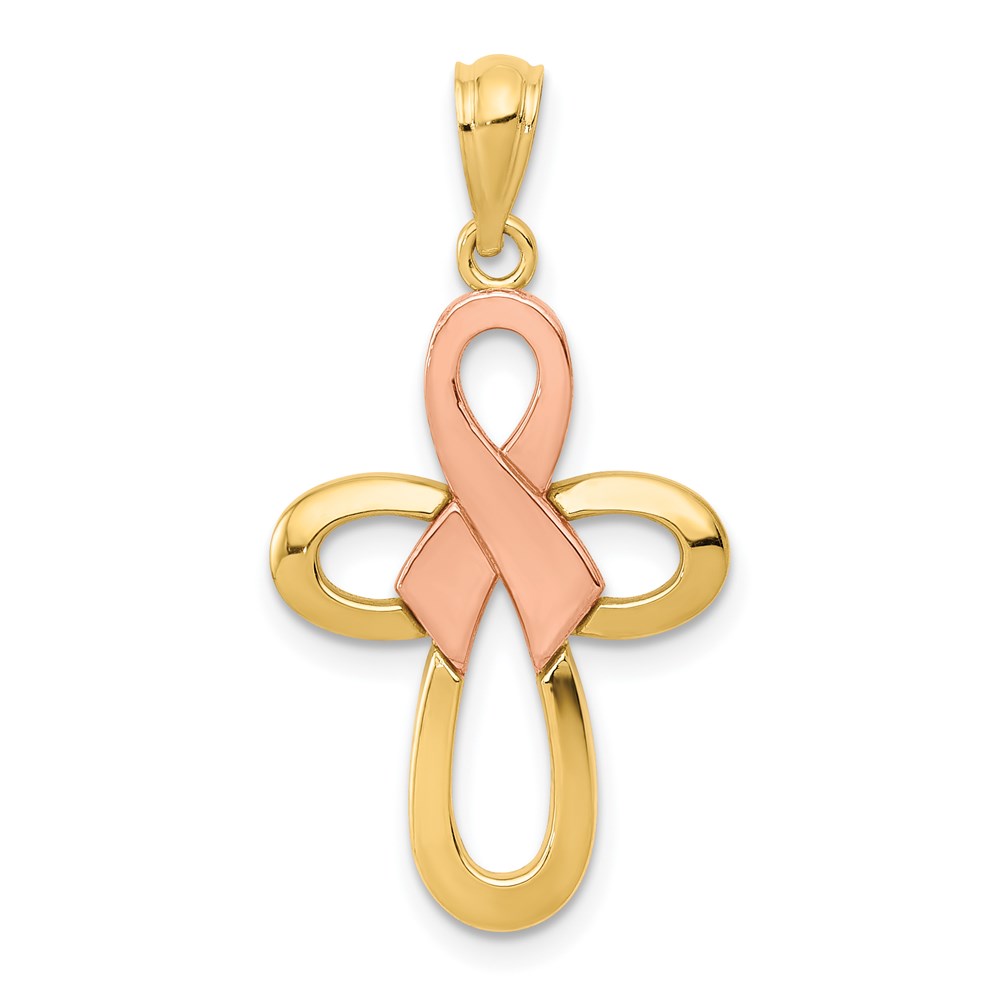 K5477.jpg 14K Two-tone Polished Pink Ribbon Cross Pendant - Image 1