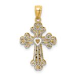 14K Two-tone Polished Filigree 2 Level Heart Cross Pendant