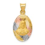 14K with Rose and White Rhodium Diamond-cut Solid Sagrado Corazon de Jesus Oval Pendant